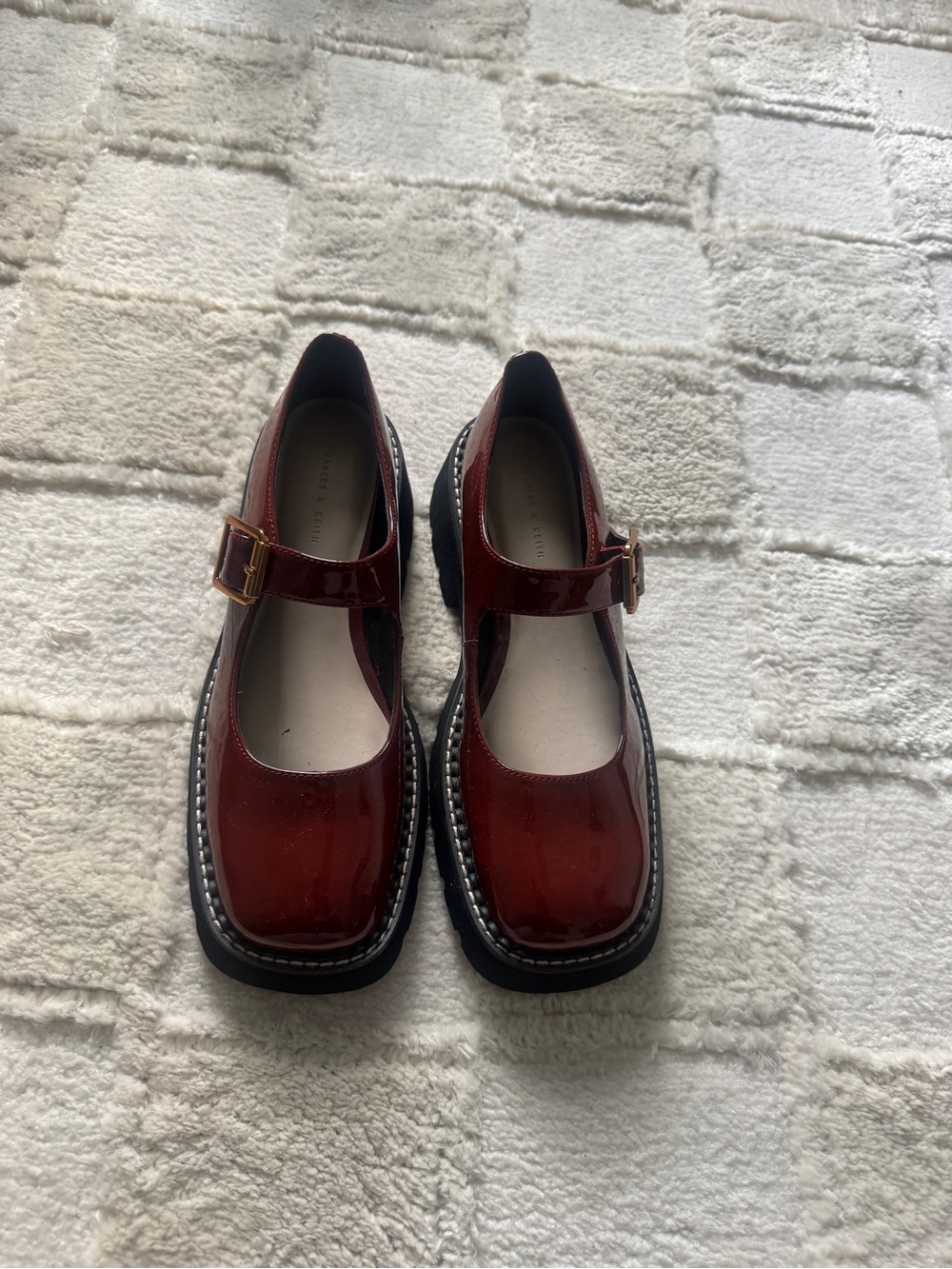 Charles & Keith Burgundy Patent Mary Jane Loafers – Size 8